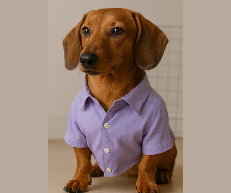 Pu&ograve; includere: Un bassotto marrone che indossa una camicia abbottonata a maniche corte di colore viola. Il cane &egrave; seduto su una superficie marrone chiaro.