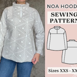 Può includere: Un cartamodello per un hoodie Noa, con un hoodie bianco con un motivo geometrico. Il cartamodello è disponibile nelle taglie XXS-XXL. L'immagine mostra anche un disegno a linea del hoodie.