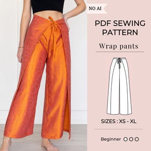 Puede incluir: Pantalones cruzados de color naranja con un patrón tonal sutil y cierre de lazo frontal. La imagen incluye el texto: NO AI, PDF SEWING PATTERN, Wrap pants, SIZES: XS - XL, y Beginner con tres círculos. Los pantalones tienen perneras anchas.