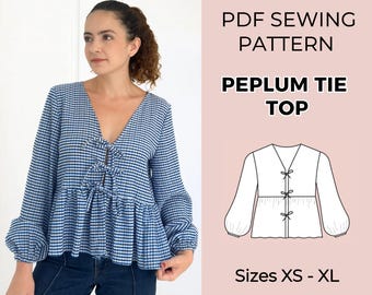 May include: A PDF sewing pattern for a peplum tie top in sizes XS-XL. The design features a blue and white gingham long-sleeve top with a V-neckline and three front ties. The graphic includes the text NO AI, PDF SEWING PATTERN, PEPLUM TIE TOP.
