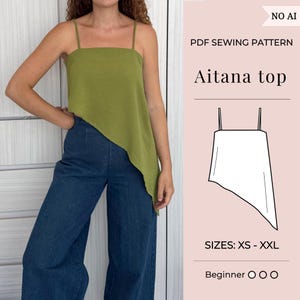 Op de afbeelding: Een groene asymmetrische top met dunne bandjes wordt gecombineerd met een blauwe jeansbroek. De top is gelabeld met "Aitana top" en is een PDF naaipatroon. Het patroon is verkrijgbaar in de maten XS-XXL en is geschikt voor beginners.