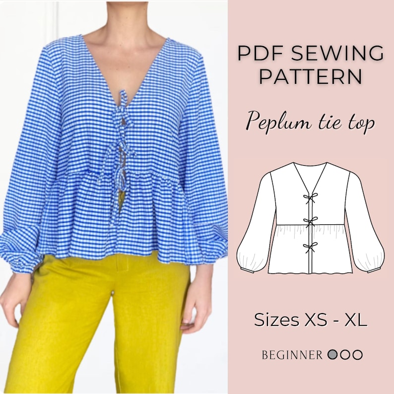 Women Top Pattern | Pdf Sewing Pattern | Puffed Sleeve Peplum Tie Top ...