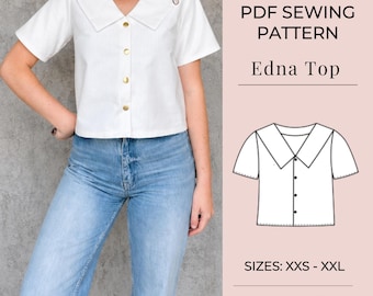 Patrón de costura en PDF para blusa con botones delanteros / Top con cuello extragrande / Patrón de costura en PDF