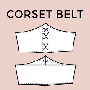 May include: Two white corset belt designs are displayed against a light pink background. The text "CORSET BELT" is at the top. The top design has a lace-up detail in the center. The bottom design is a simpler version of the top design.