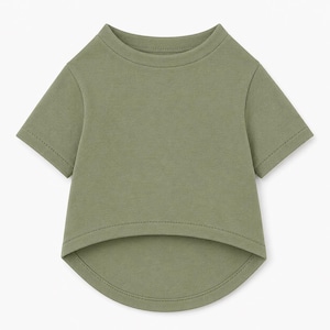 May include: A solid olive green short-sleeved shirt featuring a crew neckline and a high-low hemline. The garment is constructed with a smooth, plain fabric and includes visible stitching along the sleeves, neckline, and the curved bottom hem.