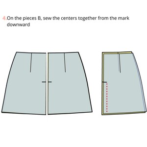 May include: Diagram showing how to sew two pieces of fabric together. The two pieces are light blue and are marked with a black line down the center. The pieces are to be sewn together along the center line, starting at the top and going down. The diagram shows the pieces before and after they are sewn together.