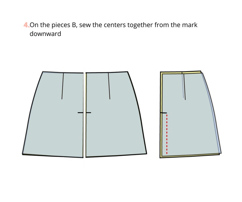 May include: Diagram showing how to sew two pieces of fabric together. The two pieces are light blue and are marked with a black line down the center. The pieces are to be sewn together along the center line, starting at the top and going down. The diagram shows the pieces before and after they are sewn together.