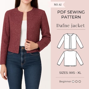 Könnte beinhalten: Ein PDF-Schnittmuster für die Dafne-Jacke, bestehend aus einer kastanienbraunen Langarmjacke mit Rundhalsausschnitt ohne Verschluss. Die Grafik enthält technische Strichzeichnungen der Vorder- und Rückansicht sowie Größen von XXS bis XL.