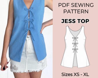 Patrón de blusa para mujer / Patrón de costura en PDF / Patrón de blusa con lazo / Patrón de costura de blusa / Patrón de costura de camisa
