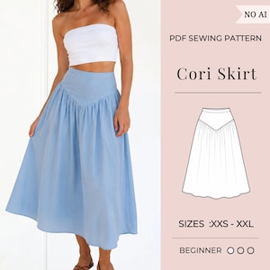 Może przedstawiać: Jasnoniebieska spódnica midi z talią w kształcie litery V i marszczonym materiałem. Obraz zawiera tekst PDF SEWING PATTERN, Cori Skirt, SIZES: XXS - XXL oraz BEGINNER. Rysunek liniowy spódnicy znajduje się na jasnoróżowym tle.