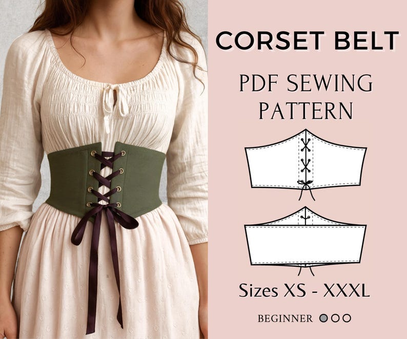 May include: An olive green corset belt with dark brown lacing and a matching ribbon bow. The image also includes a PDF sewing pattern with the text "CORSET BELT" and "Sizes XS - XXXL".
