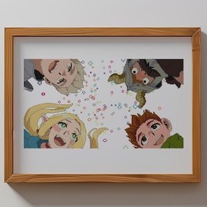May include: Four cartoon characters, a girl with blonde hair, a boy with brown hair, a boy with blonde hair, and a furry creature with horns, are looking up at a shower of colorful confetti.