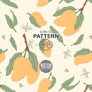 May include: Seamless pattern featuring yellow mangoes, green leaves, dragonflies, and bees on a cream background. The text "SEAMLESS PATTERN" is displayed. The design includes vector elements.