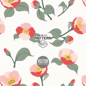 Kamelia sömlöst mönster, rosa röd blommig vektor, vintage botanisk upprepning, tygtryck, digitalt papper