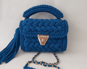 Blue Crochet Crossbody Bag: Handmade Designer Knit Shoulder Bag