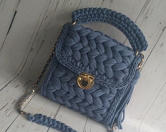 Handmade Crochet Crossbody Bag: Blue Knit Designer Bag