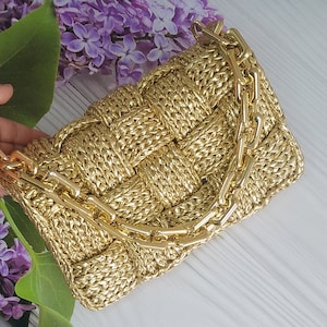 Metallic leather Gold bag,crochet tote Hand woven leather bag,luxury knitted Shoulder Metallic Bag,Handmade Designer Evening women&#39;s Bag