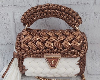 Handmade Crochet Metallic Bag: Bronze & White Shoulder Crossbody