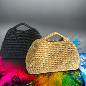 handmade Metallic Gold top handle pouch Clutch bag, crochet metallic Raffia large size evening hand Bag,  personalized handmade gift for her