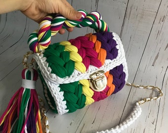 Multi Color Crochet Shoulder Bag: Handmade Knitted Crossbody