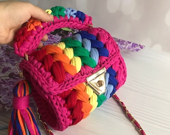 Handmade Crochet Rainbow Bag: Colorful Cotton Shoulder Bag