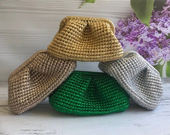 Unique Hand Knit Evening Clutch bag  - Personalized Metallic Leather Pouch bag - Trendy Fashion Accessory bag