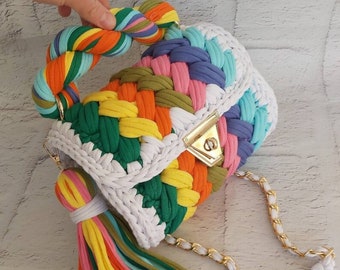 Handmade Crochet Crossbody Bag: Multi Color Woven Totes