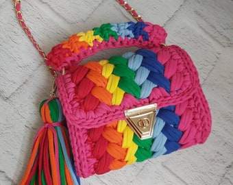 Handmade Crochet Crossbody Bag: Multi-Color Knitted Women's Bag