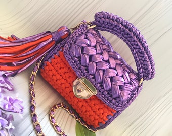 Crochet Metallic Bag: Handmade Knit Shoulder Bag with Leather Detail