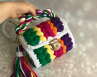 Crochet Colorful Bag: Handmade Knit Shoulder Bag with Tassel
