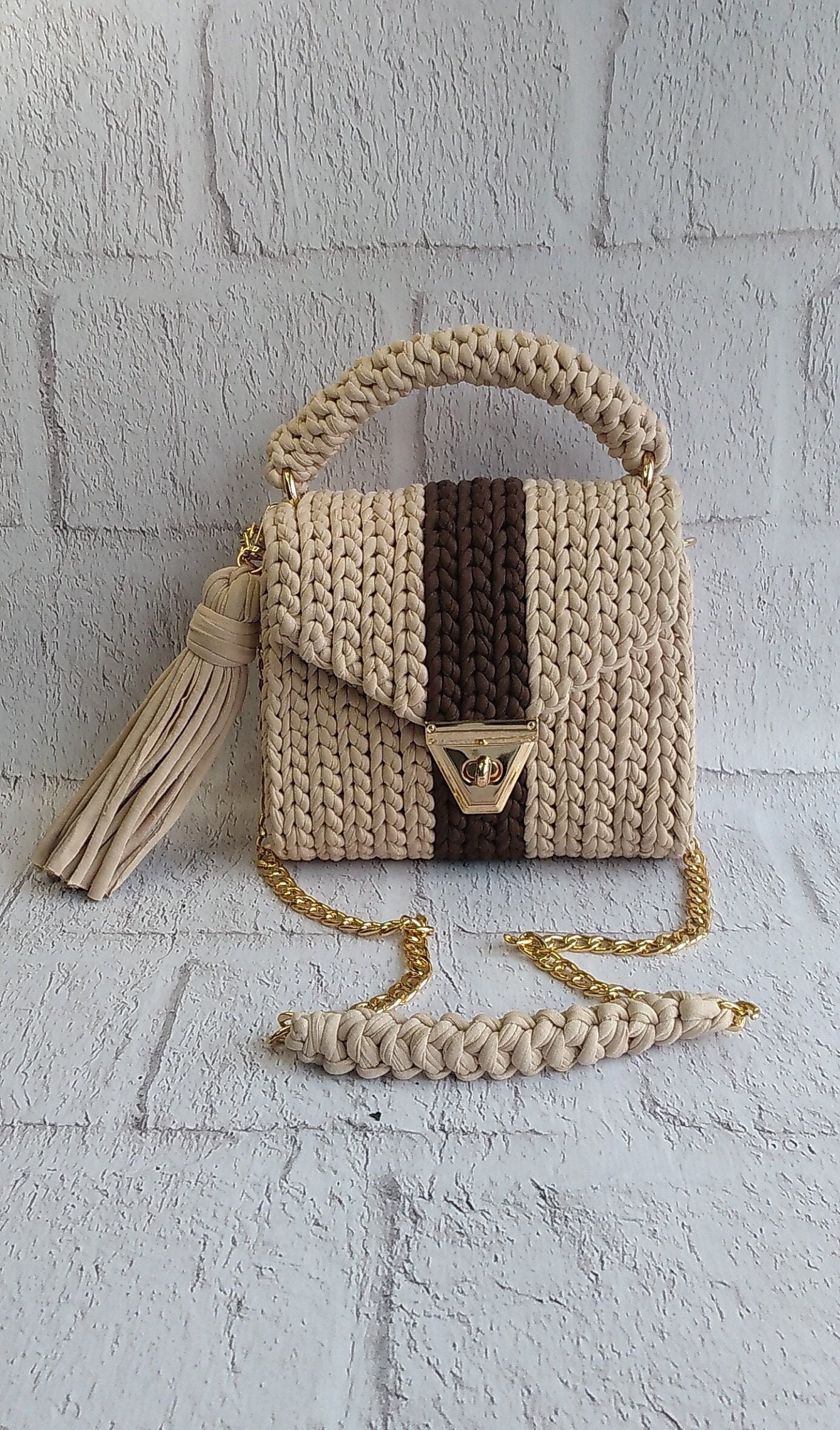 Crochet Bags, Capri Luxury Bag,gold Chain Shoulder Bag , Cotton Yarn  Crossbody Bag, Luxury Knit Handbag for Women, Friend Gifts 