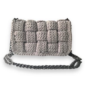 Handmade Crochet Woven Shoulder Bag: Silver Chain Strap