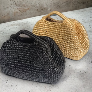 Crochet metallic raffia evening dress bag, handmade luxury top handle womens bag,woven  metallic  design clutch pouch bag,gifts for her