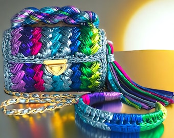 Handmade Crochet Metallic Bag: Luxury Knitted Leather Shoulder Tote