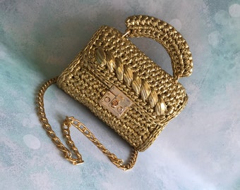 Crochet gold metallic womens shoulder bag/knitted crossbody luxury gold bag/handmade knit custom evening party tote bags/personalized gifts