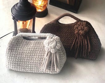 Handmade Crochet Velvet Top Handle Bag: Knit Clutch Pouch