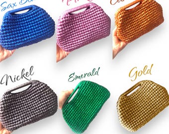 Bolso de mano con asa superior metálica, bolso de noche, bolso de boda con diseño metálico dorado tejido a crochet, bolso de mano para mujer tejido a mano, regalos hechos a mano para ella