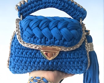 Blue Crochet Woven Shoulder Bag: Handmade Metallic Yarn Crossbody