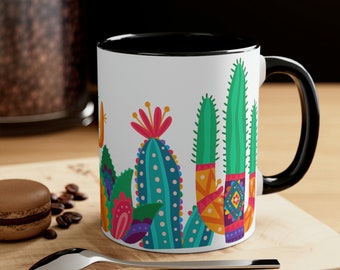 Desert mug, cactus mug, festive cacti mug, Mexican-inspired mug, desert cactus gift, cactus lover, cacti lover home decor gift.