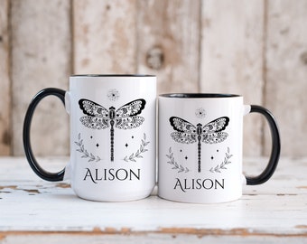 Personalized mug with dragonfly, gift for dragonfly lover, dragonfly mug gift for her, custom mug with name, custom dragonfly gift.
