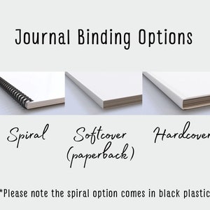May include: Three different binding options for journals: spiral, softcover (paperback), and hardcover. The spiral option is black plastic.