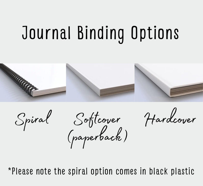 May include: Three different binding options for journals: spiral, softcover (paperback), and hardcover. The spiral option is black plastic.