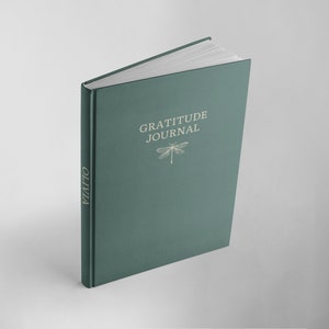 May include: A teal green hardcover journal with the text "GRATITUDE JOURNAL" and a dragonfly illustration. The spine of the journal has the name "OLIVIA" printed on it.