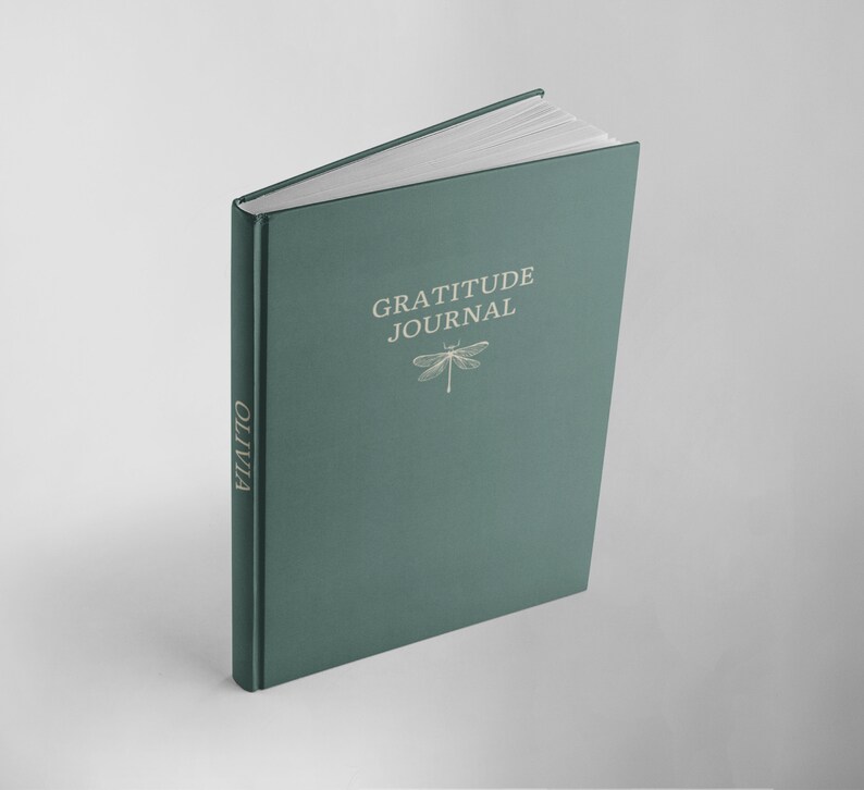 May include: A teal green hardcover journal with the text "GRATITUDE JOURNAL" and a dragonfly illustration. The spine of the journal has the name "OLIVIA" printed on it.