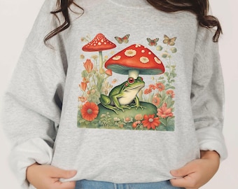 Vintage Frog Cottagecore Sweatshirt, Vintage Mushroom Crewneck, Nature Lover Gift, Frog Mushroom Sweatshirt, Botanical Sweatshirt, Fairycore