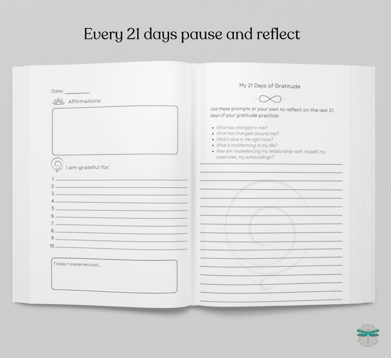 May include: A black and white journal with the text "Every 21 days pause and reflect" at the top. The left page has a section for affirmations, a list of things to be grateful for, and a space to write about what you experienced that day. The right page has a section for a 21-day gratitude practice with prompts to reflect on the last 21 days.