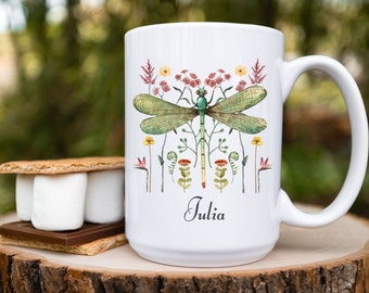 Dragonfly Mug, Personalized Cup for Dragonfly Lover, Gift for Gardener, Nature Lover Custom Mug with Name