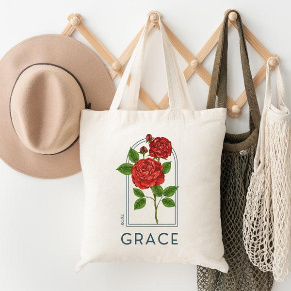 June Birth Flower Gift, Personalized Mother's Day Gift, Rose June Birthday Gift, Floral Custom Tote Bag for Bridesmaid, Birth Month Flower