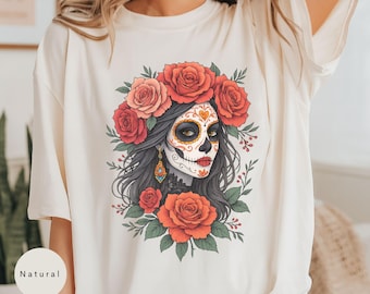 Catrina with flowers, Dia de Muertos T-Shirt, Mexican Sugar Skull,  Day of the Dead Tee, Day of the Dead Catrina Shirt