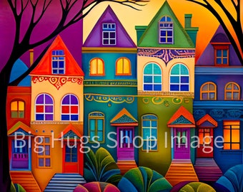 Whimsical art of San Francisco Inspired Row Houses on a 6x6, 8x8 (actual 7.8) or 12x12 (actual 11.8) inch Ceramic Tile. Free Shipping in USA
